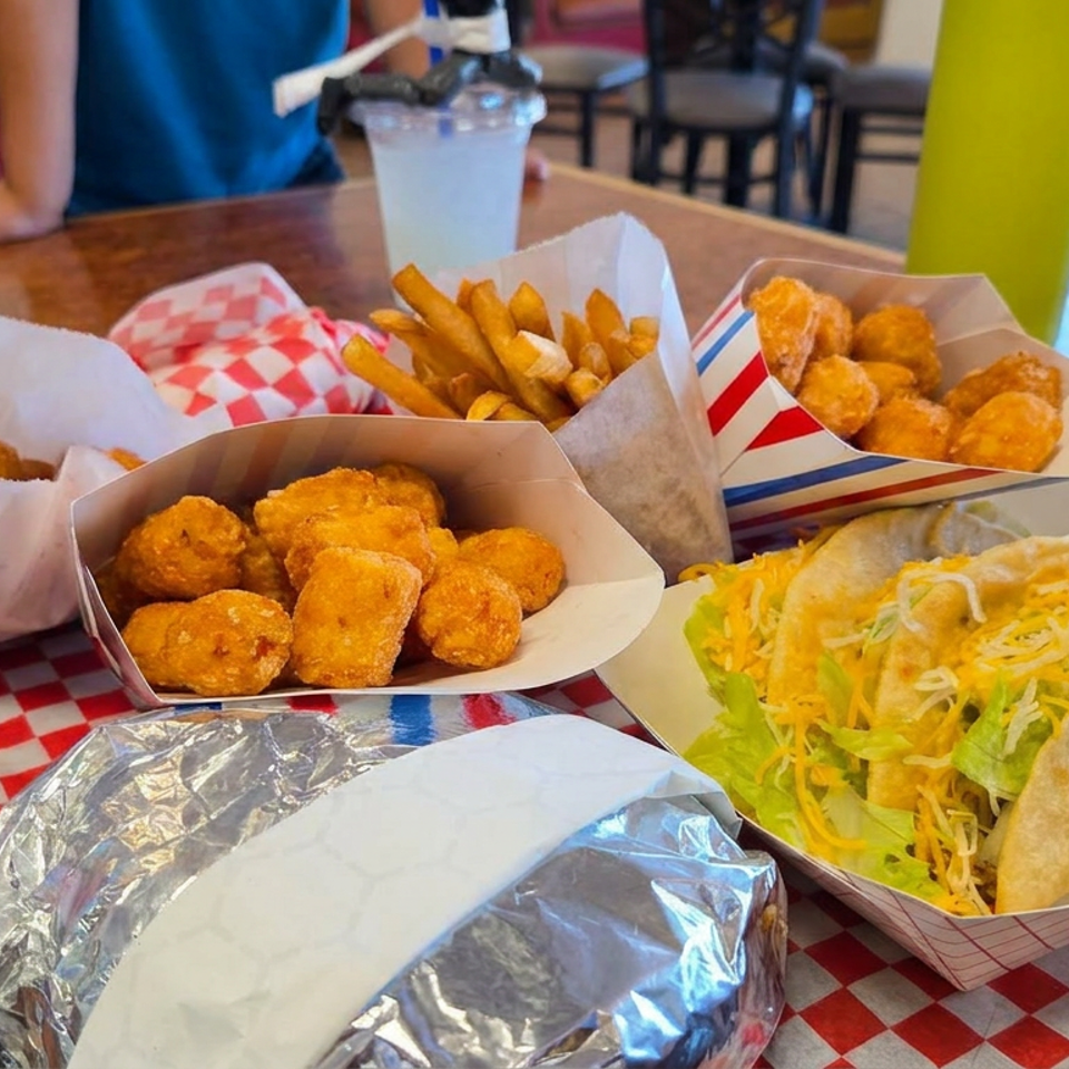 Restaurant tray holding two tacos, chicken nuggets, fries, a foil-wrapped burrito, and drinks on a checkered liner.